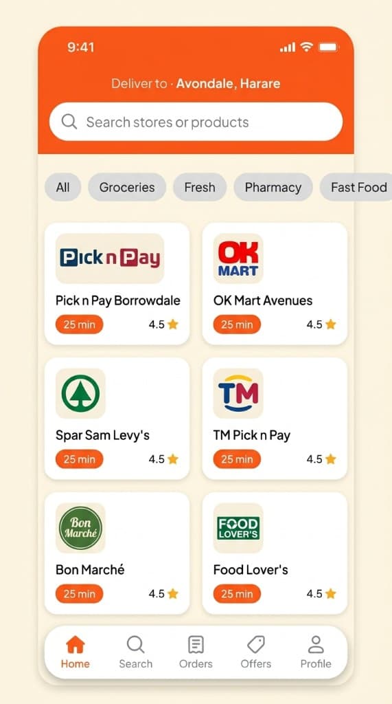 Manna Customer App homescreen showing stores in Harare