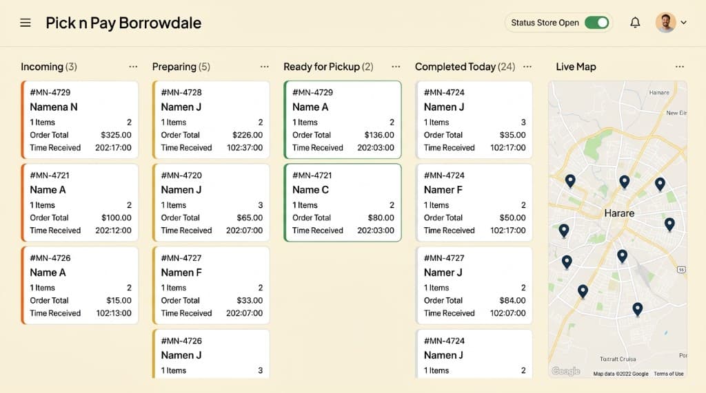 Manna Merchant Portal Kanban order board from incoming to completed